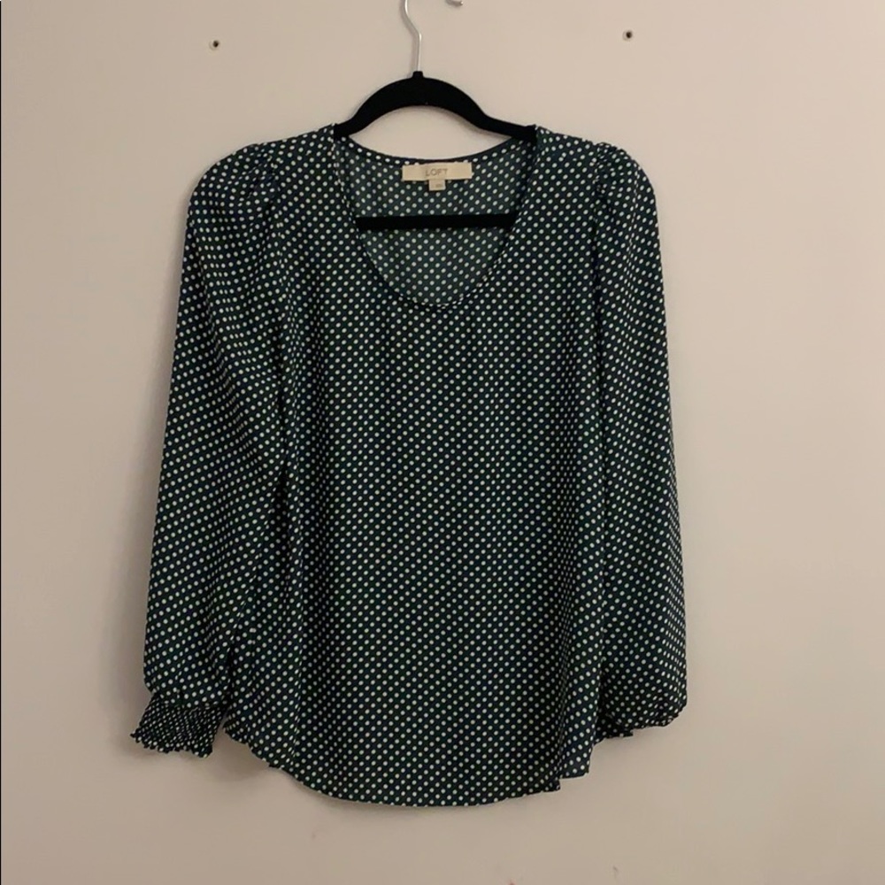 Loft Dotted Smocked Cuff Scoop Neck Blouse S